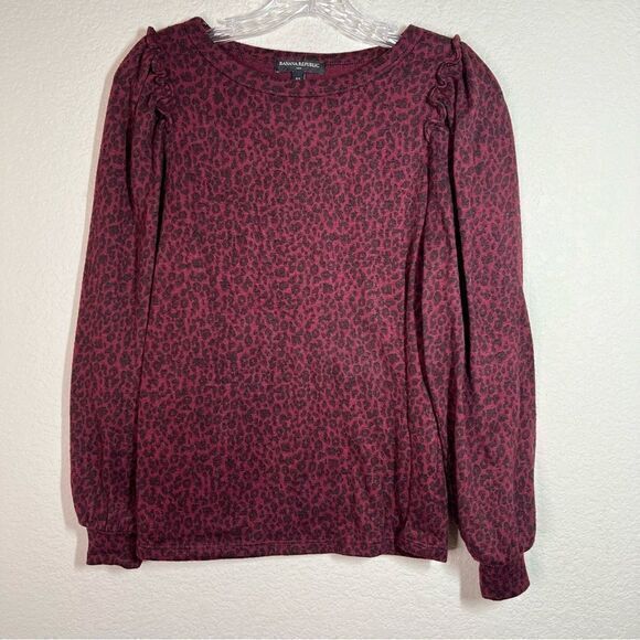Banana Republic Plum Leopard Print Knit Ruffled Balloon Sleeve Sweater Womens XS - Picture 1 of 8